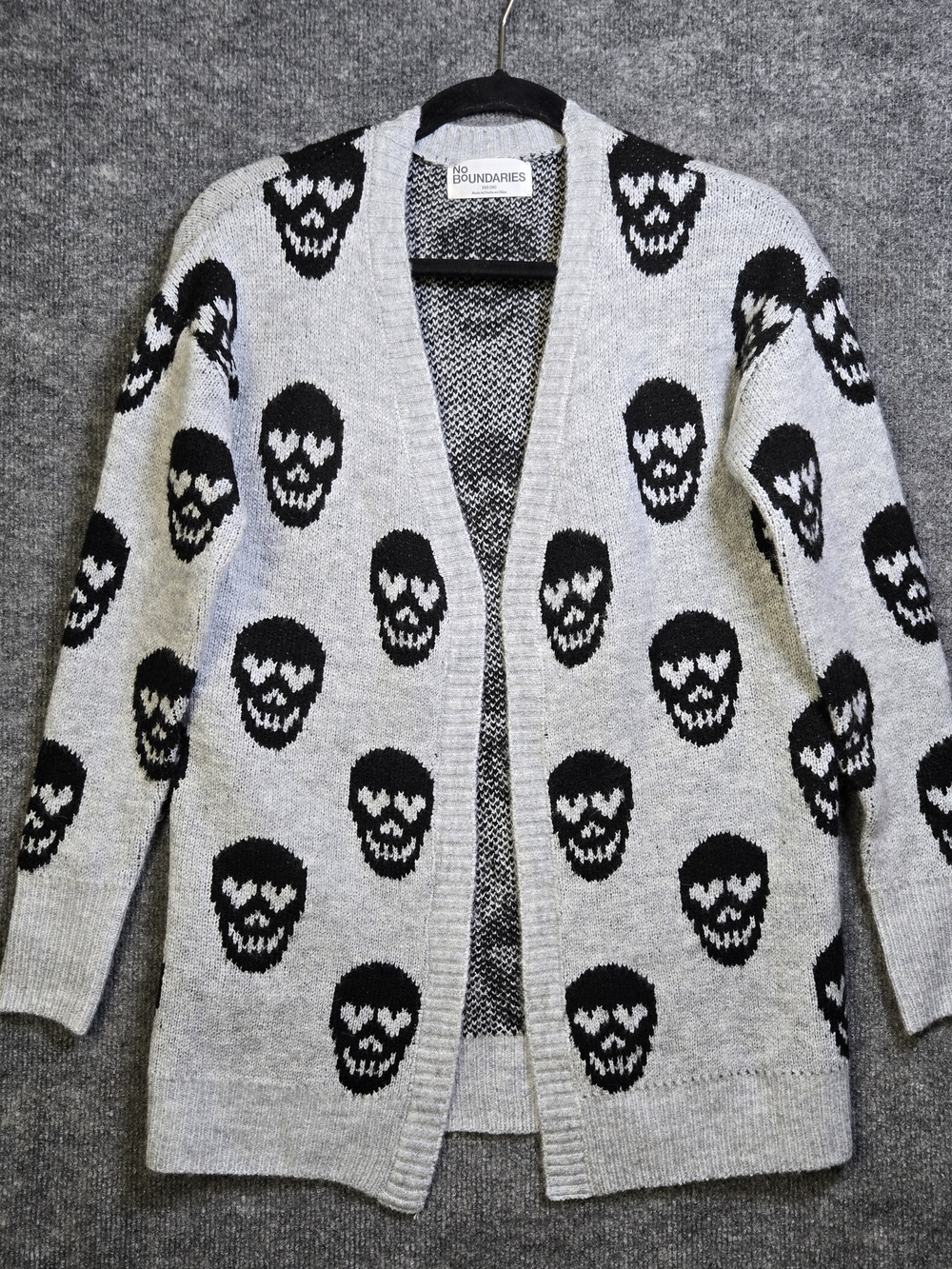 No Boundaries Cardigan Women XXS Gray Black Drape Knit Happy Skull Print Sweater